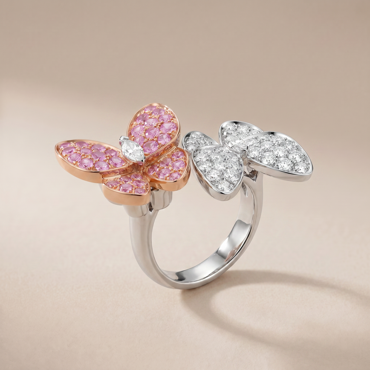 Two Butterfly Pavé Pink Sapphire Ring