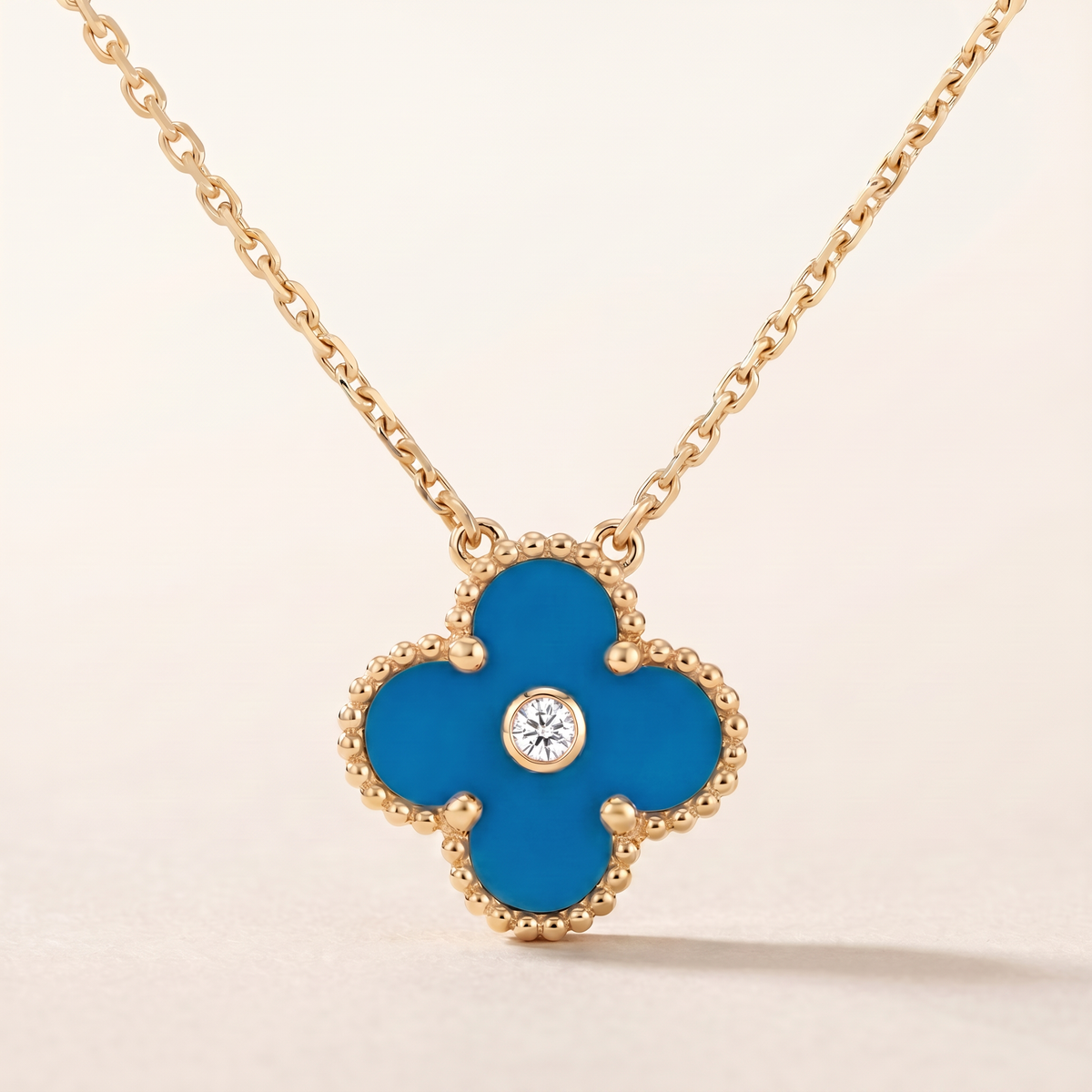 Vintage Alhambra Blue Agate 1 Diamond Clover Necklace