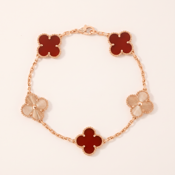 Vintage Alhambra Fluted And Carnelian Clover 5 Motifs Bracelet