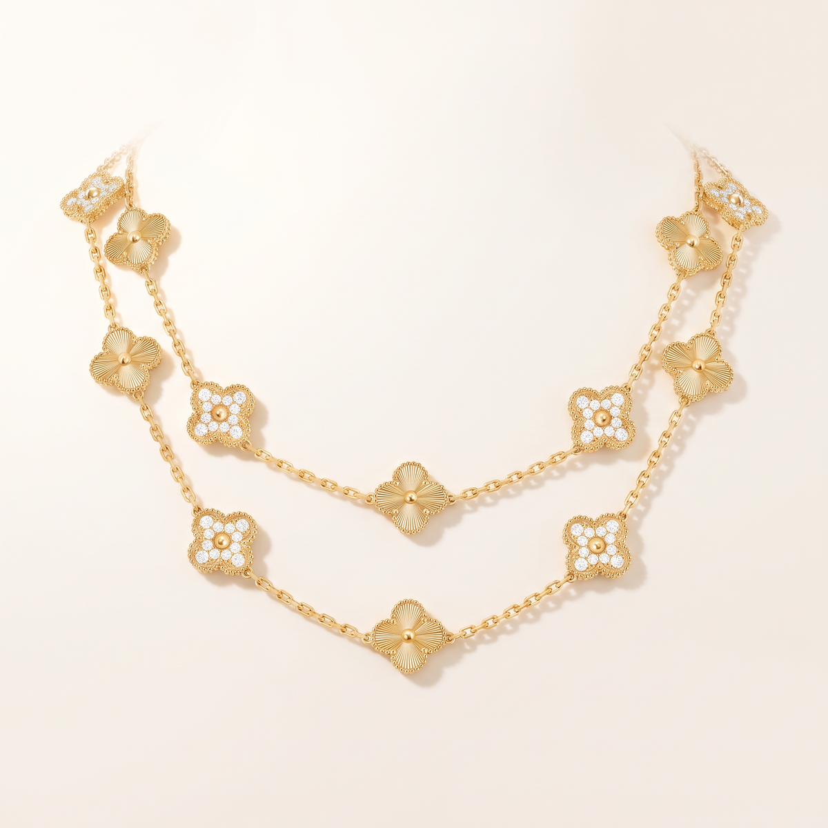 Vintage Alhambra Fluted And Diamond Clover 20 Motifs Necklace