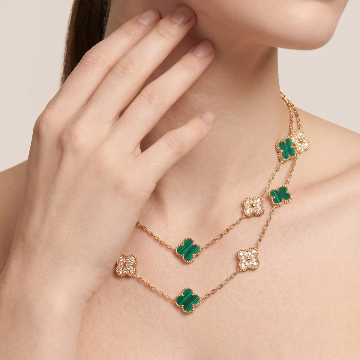 Vintage Alhambra Malachite 20 Motifs Long Clover Necklace