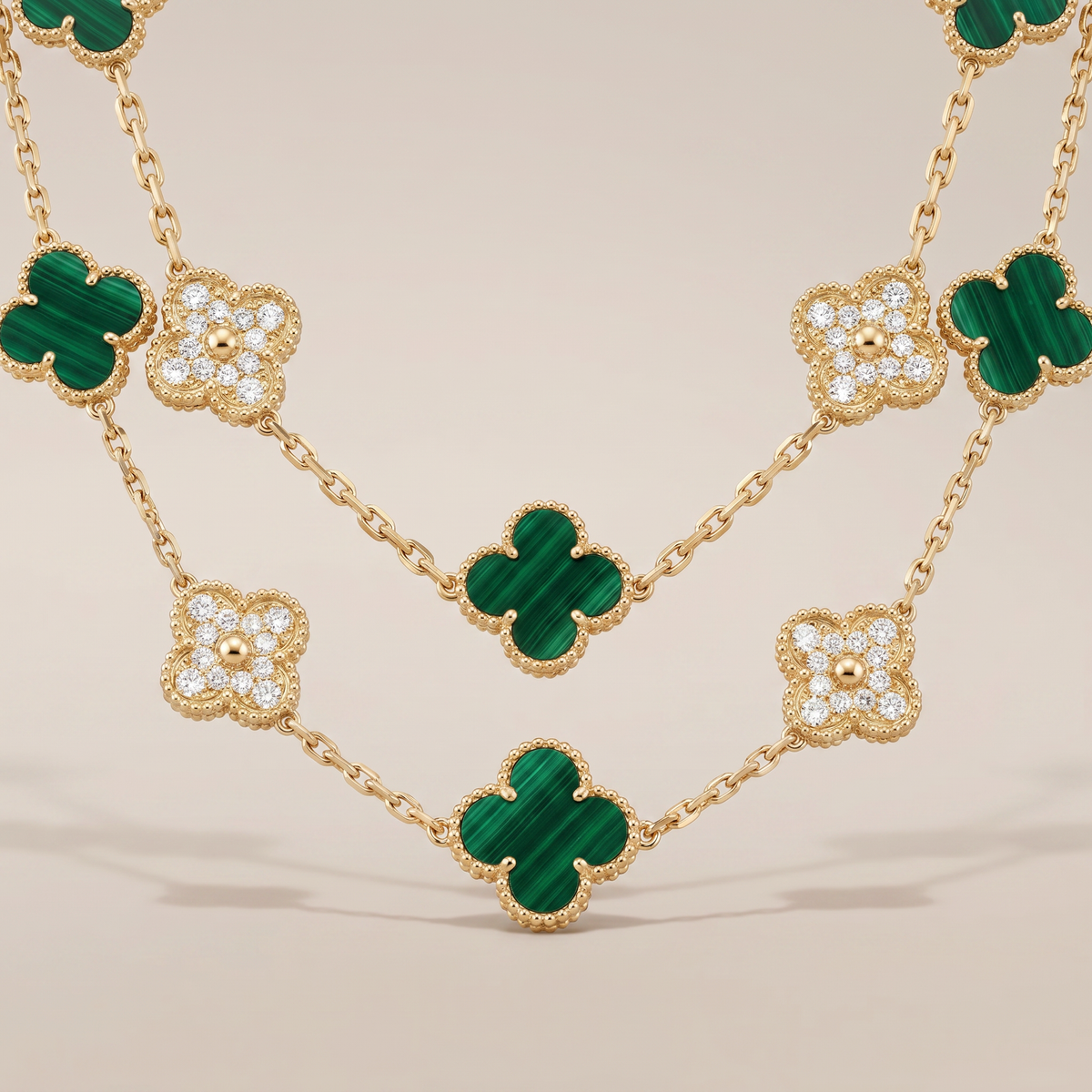 Vintage Alhambra Malachite 20 Motifs Long Clover Necklace