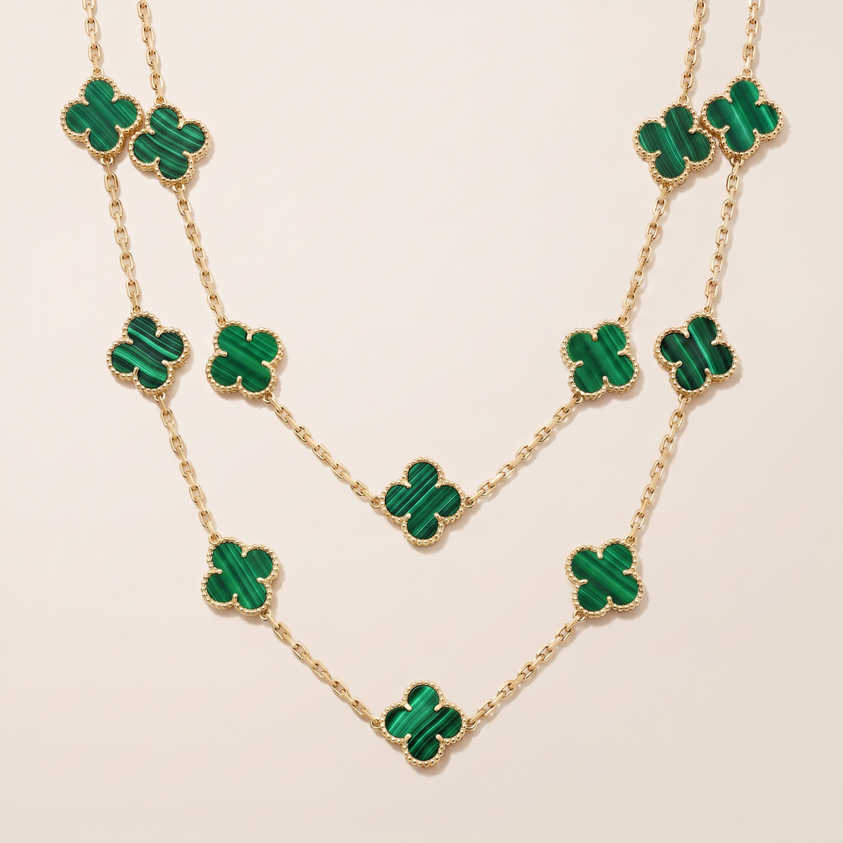 Vintage Alhambra Malachite 20 Motifs Long Necklace