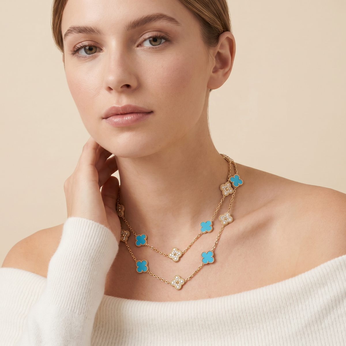 Vintage Alhambra Turquoise 20 Motifs Long Necklace